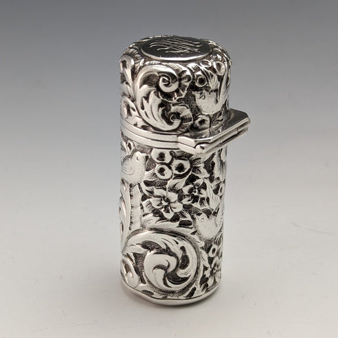 1896 British Antique Sterling Silver Relief Bird Sculpture Portable Perfume Bottle Sampson Mordan